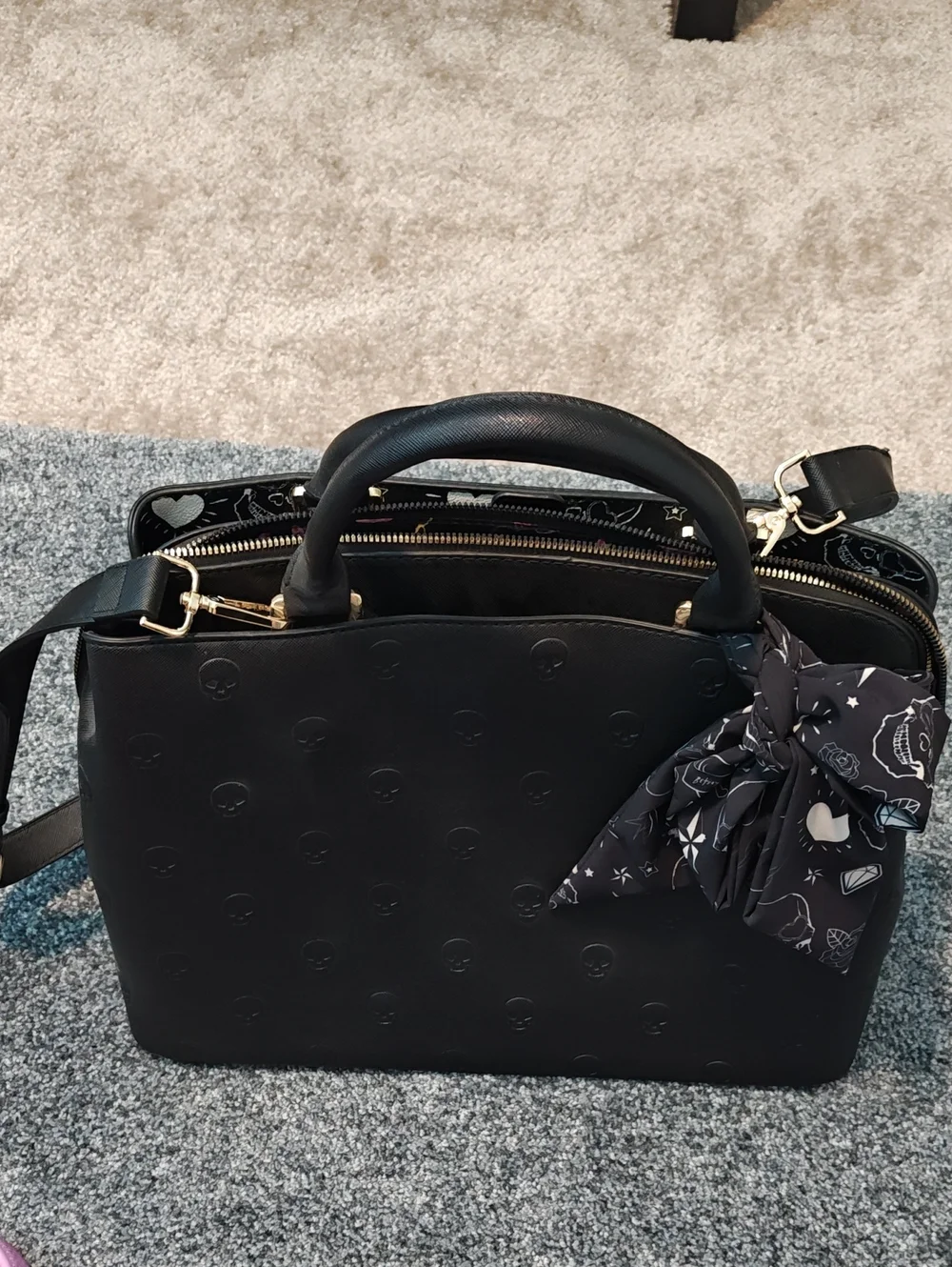 Black Structured Top-Handle Satchel with Scarf Accent